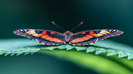 A detailed macro shot showcases a butterfly with orange and black wings resting on a textured green leaf.の素材