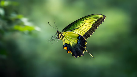 A striking green and yellow swallowtail butterfly is captured in midflight with a soft bokeh background. Its wings showcase a beautiful blend of colors and delicate markings.の素材