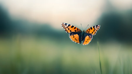 A vibrant orange butterfly with black markings takes flight against a soft, blurred green background. The image evokes a sense of freedom and the delicate beauty of nature.の素材