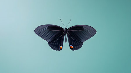 A striking black butterfly with subtle red markings is captured in a clean studio setting. Its wings are fully extended, showcasing a minimalist and sophisticated aesthetic.の素材