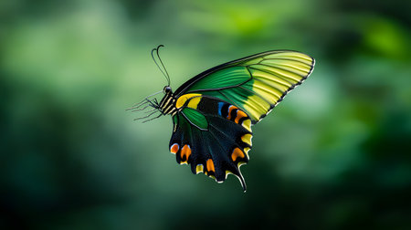 A vibrant emerald green butterfly with yellow and black markings is captured midflight against a soft green bokeh background.の素材