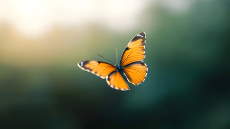 A vibrant orange butterfly is captured in midflight against a soft, blurred background. The delicate wings showcase intricate patterns and a sense of freedom.の素材