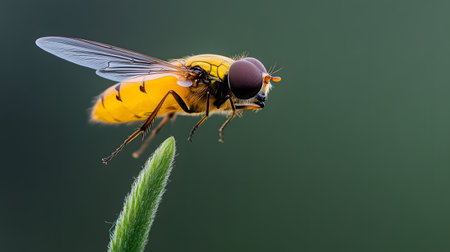A vibrant hoverfly with large, dark eyes rests on a fuzzy green plant stem. Its yellow and black striped body is sharply in focus against a soft, blurred background.の素材
