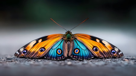 A stunning butterfly with vibrant orange and blue wings rests on a textured surface. Its intricate patterns and vivid colors are showcased in exquisite detail.の素材