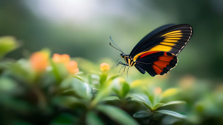 A striking butterfly with black, orange, and yellow wings rests delicately on lush green leaves.の素材