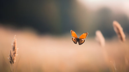A small orange butterfly flutters gracefully through a sundrenched field. The soft focus background creates a dreamy, peaceful atmosphere.の素材