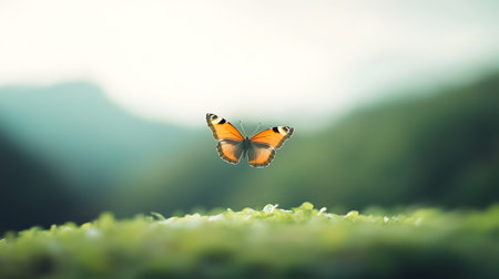 A vibrant orange butterfly hovers gracefully in the air. The soft focus background creates a serene and peaceful atmosphere.の素材