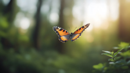 A vibrant orange butterfly with intricate wing patterns takes flight in a sundappled forest. The soft bokeh background enhances the magical and delicate nature of the insect.の素材