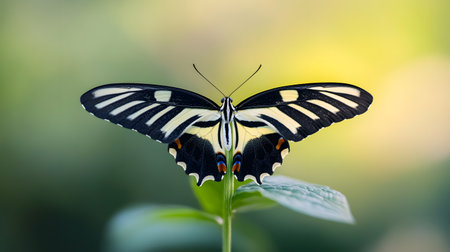 A striking black and white striped butterfly rests gracefully on a vibrant green leaf, its wings fully extended.の素材
