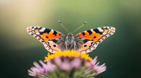 A vibrant painted lady butterfly rests on a yellow flower, its wings spread wide. The soft focus background creates a serene and delicate mood.の素材