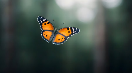 A vibrant orange butterfly with black and white markings is captured midflight. The soft, blurred background creates a dreamy, natural atmosphere.の素材