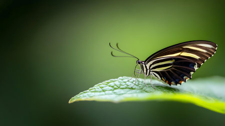 A striking zebra butterfly rests on a textured green leaf, its intricate wing patterns clearly visible. The soft focus background enhances the subjects detail.の素材