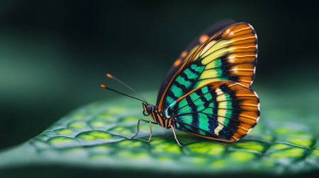 A stunning butterfly with intricate patterns rests on a textured green leaf. Its vibrant wings showcase a beautiful blend of colors, creating a serene and natural scene.の素材
