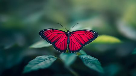 A striking red butterfly with black markings rests on lush green leaves, its wings fully open.の素材