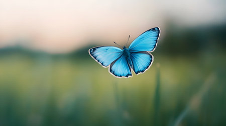 A stunning blue butterfly with intricate wing patterns is captured midflight. The soft focus background creates a dreamy and serene atmosphere.の素材