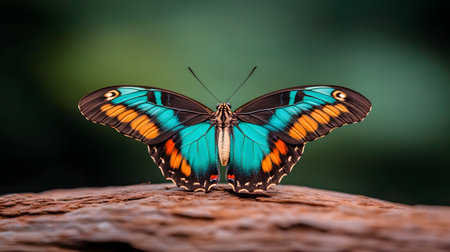 A stunning butterfly with intricate blue and orange patterns rests on a textured surface. Its delicate wings are fully displayed against a soft green bokeh background.の素材