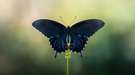 AI-generated A solitary dark butterfly with iridescent blue and red accents sits atop a slender green stem.の素材