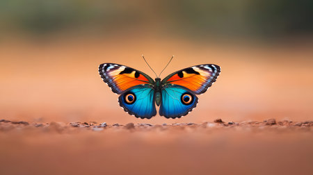 AI-generated A beautiful peacock butterfly displays its striking blue and orange wings while perched on the earthy ground. The detailed eye spots on its wings are clearly visible.の素材