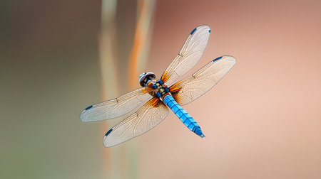AI-generated A striking blue dragonfly with intricate wings is captured in a closeup, its body a vibrant contrast against a soft, blurred background.の素材