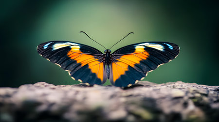 AI-generated This striking butterfly showcases its bold orange and black wing patterns while perched on a rough, textured rock.の素材