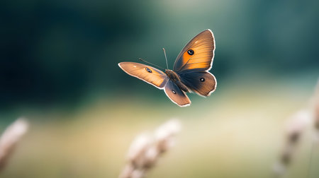 AI-generated A delicate orange butterfly hovers in midair against a soft, blurred background. Its wings are spread wide, showcasing intricate patterns and vibrant colors.の素材