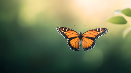 AI-generated A vibrant orange butterfly gracefully hovers in a lush green garden. Its delicate wings are spread wide, capturing the essence of natural beauty.の素材