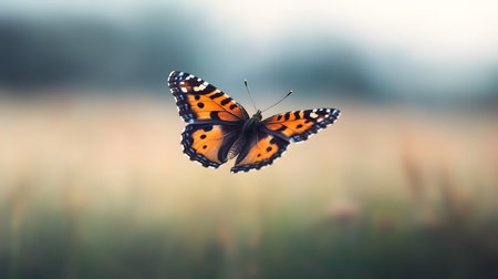 AI-generated A vibrant orange and black butterfly is captured midflight against a soft, blurred background. Its delicate wings are spread wide, showcasing intricate patterns.の素材
