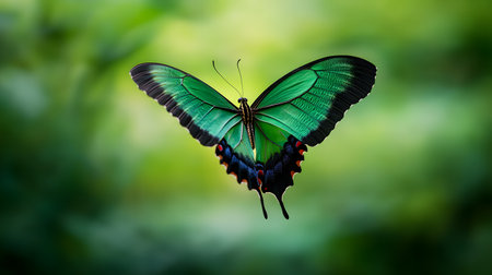 AI-generated A vibrant emerald green butterfly with black accents is captured midflight against a soft, blurred green background.の素材
