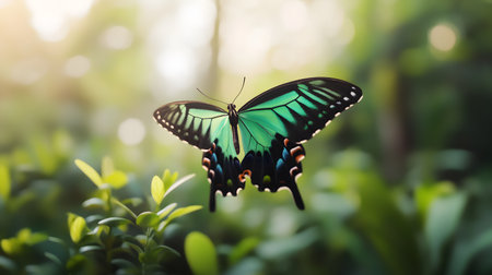AI-generated A vibrant emerald butterfly hovers gracefully amidst soft, sundappled foliage. The image evokes a sense of delicate beauty and natural wonder.の素材