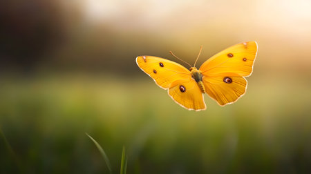 AI-generated A solitary yellow butterfly gracefully flutters through a sundrenched meadow. The warm golden hour light casts a magical glow on its delicate wings.の素材