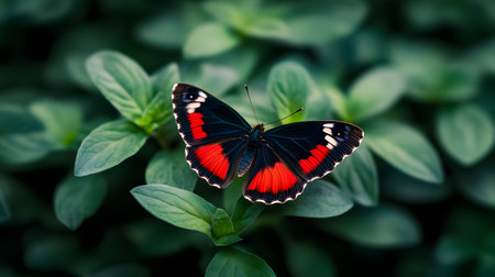 AI-generated A vibrant Red Admiral butterfly rests on lush green foliage. Its striking wings create a beautiful contrast against the natural backdrop.の素材
