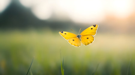 AI-generated A bright yellow butterfly takes flight in a soft focus meadow bathed in the warm glow of sunrise.の素材