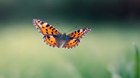 AI-generated An orange and black butterfly with intricate wing patterns takes flight in a serene natural setting.の素材