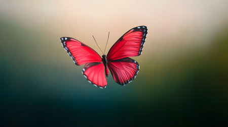 AI-generated A striking red butterfly with black and white accents is captured midflight against a blurred background.の素材