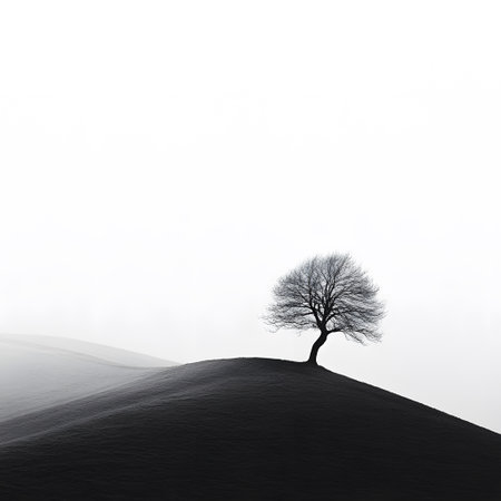 AI-generated A bare tree stands alone on a stark, minimalist hill under a vast sky. The monochrome scene evokes feelings of solitude and quiet resilience.の素材