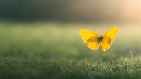 AI-generated A vibrant yellow butterfly floats gently over a lush green meadow bathed in warm, golden sunlight. The soft focus creates a serene and peaceful atmosphere.の素材
