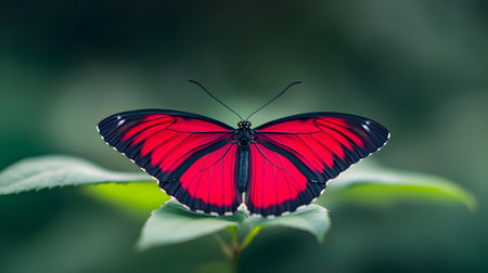 AI-generated A striking red butterfly with black markings rests on a lush green leaf. Its wings are spread wide, showcasing intricate patterns against a softly blurred background.の素材