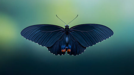 AI-generated A stunning dark blue butterfly is captured in a macro shot, showcasing intricate wing patterns. The soft, blurred background enhances the subjects dramatic presence.の素材