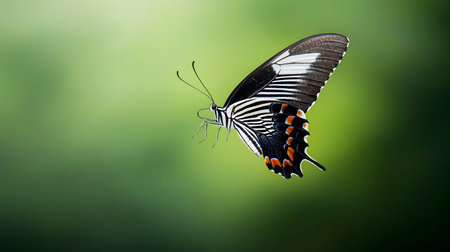 AI-generated A striking black and white butterfly with orange accents glides through the air.の素材