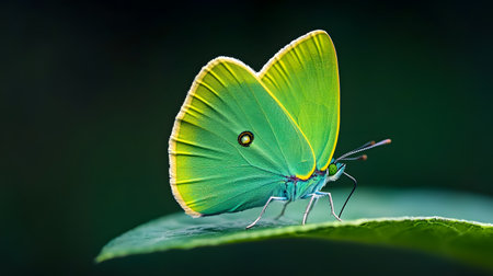 AI-generated A stunning closeup showcases a bright green butterfly with delicate wings perched on a textured leaf. The image evokes a sense of freshness and natural wonder.の素材