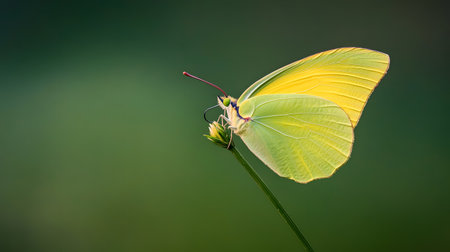 AI-generated A delicate yellow butterfly rests on a thin green stem, its wings slightly closed. The soft lighting and blurred background create a serene and peaceful atmosphere.の素材