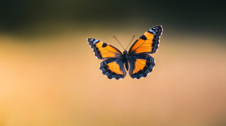 AI-generated An orange butterfly gracefully flies against a soft, warmtoned background, showcasing its wings in midair. The image evokes a sense of freedom and gentle movement.の素材