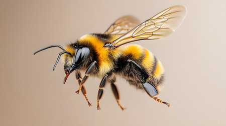 A detailed macro shot captures a fuzzy bumblebee in midflight against a soft, neutral background. Its wings are slightly blurred, conveying motion and activity.の素材