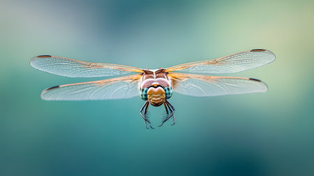This macro image presents a dragonfly suspended in midair, its translucent wings spread wide.の素材
