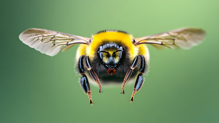 A detailed macro photograph captures a bumblebee in midflight against a soft green background. Its fuzzy body and delicate wings are in sharp focus.の素材