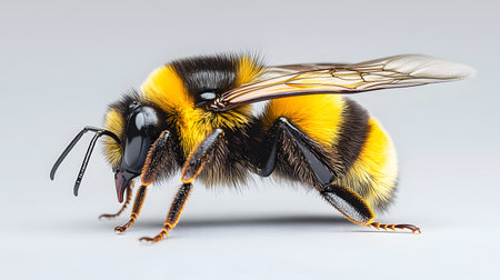 A fluffy bumble bee is showcased in a clean studio setting, highlighting its distinct yellow and black stripes. The image emphasizes the insects fuzzy texture and robust form.の素材