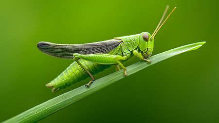 A vibrant green grasshopper rests on a blade of grass. The macro perspective highlights its intricate details and the lush natural environment.の素材