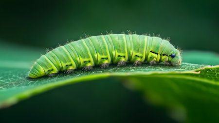 A bright green caterpillar with tiny hairs moves slowly across a textured leaf. The macro perspective highlights its segmented body and delicate features.の素材
