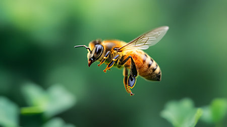 This striking macro image showcases a honey bee suspended in the air, its segmented body and delicate wings rendered with incredible clarity.の素材