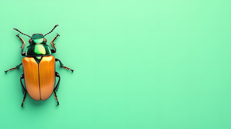A striking iridescent beetle with metallic green and orange hues rests on a solid teal surface. Its intricate details are highlighted against the clean, minimalist backdrop.の素材